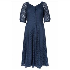 Navy Blue Eyelet 1/2 Sleeve A-line Midi Dress Size 4